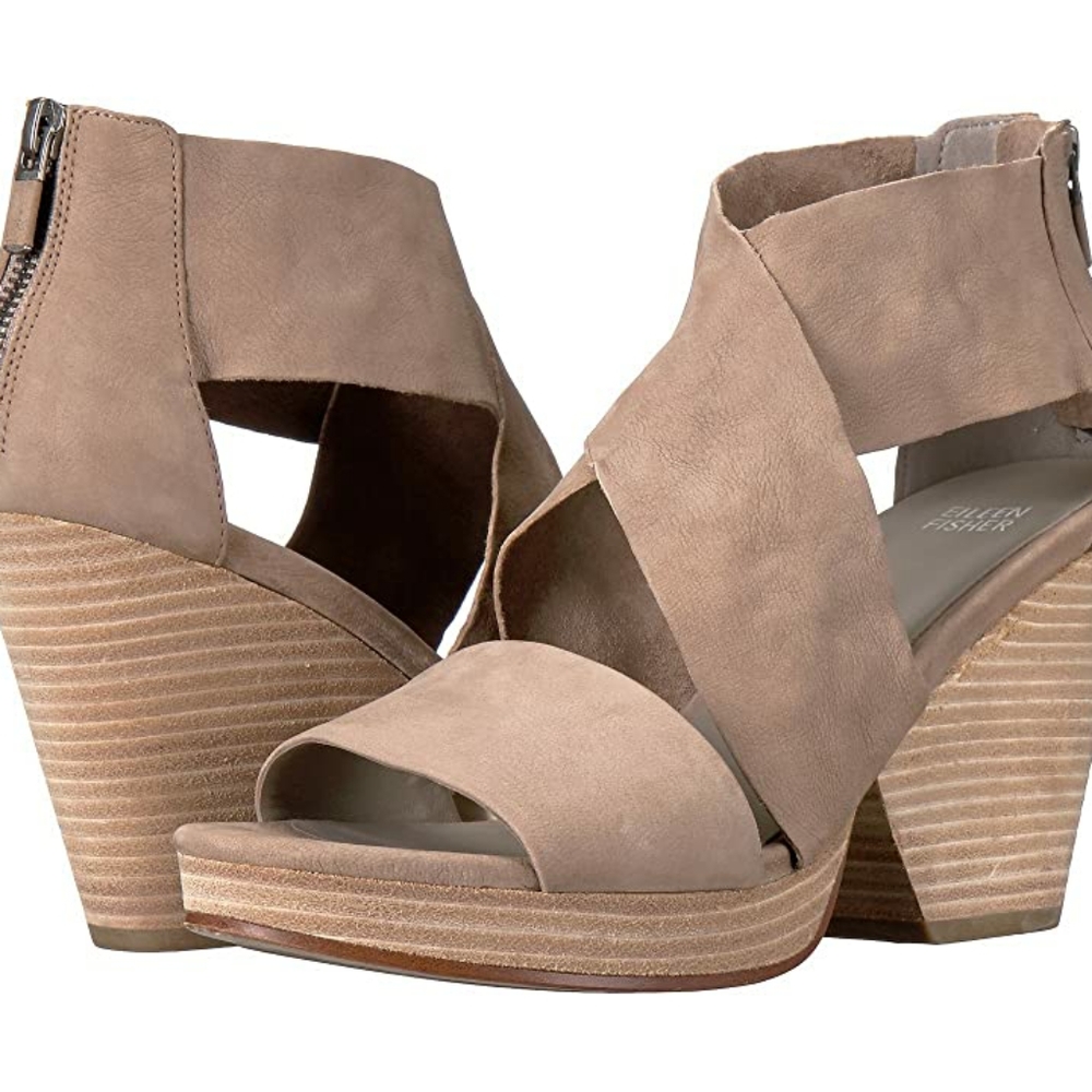 EUC Eileen Fisher ELLIS Earth Tumbled Nubuck Block Heeled Sandals Size:9